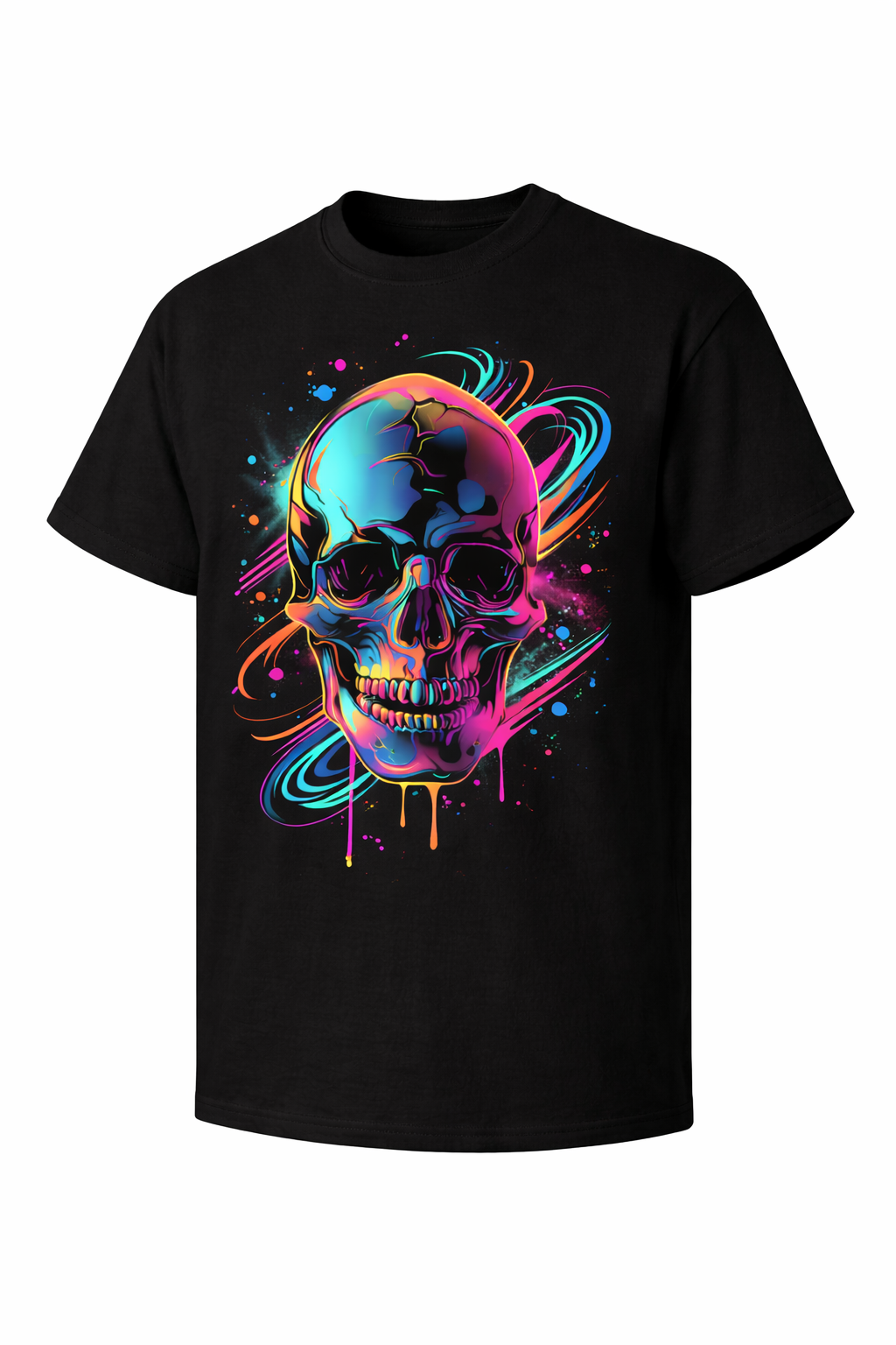 Black t-shirt with a colorful skull design on a white background