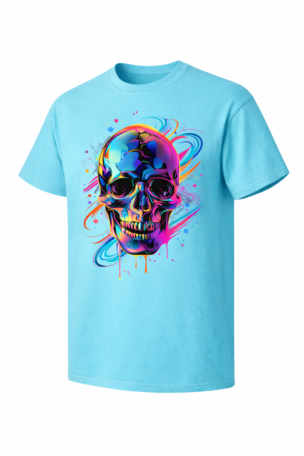 Light blue t-shirt with a colorful skull design on a white background