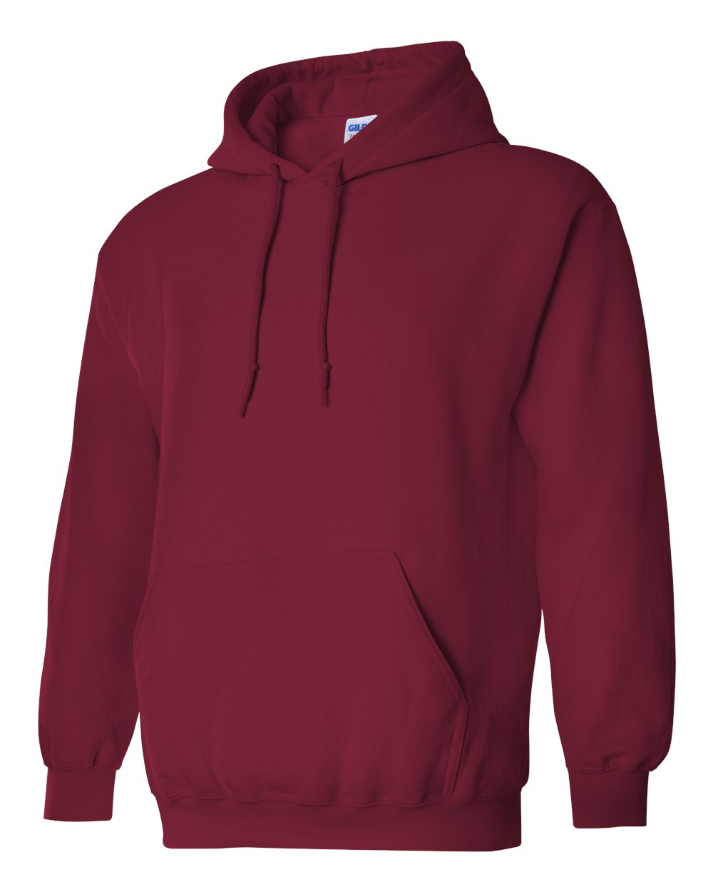 Maroon hoodie with a visible brand label on a white background