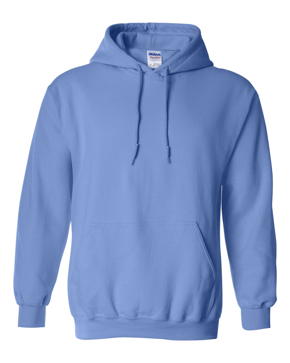 Blue hoodie with Gildan label on a white background