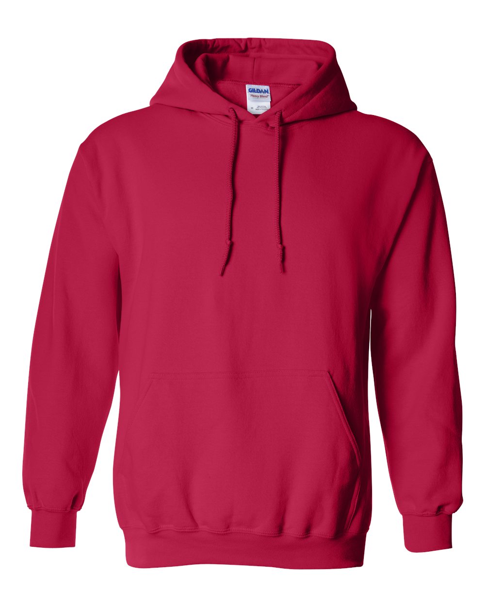 Red hoodie with a Gildan label on a white background