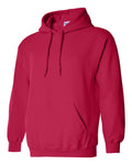 Red hoodie with a visible Gildan label on a white background
