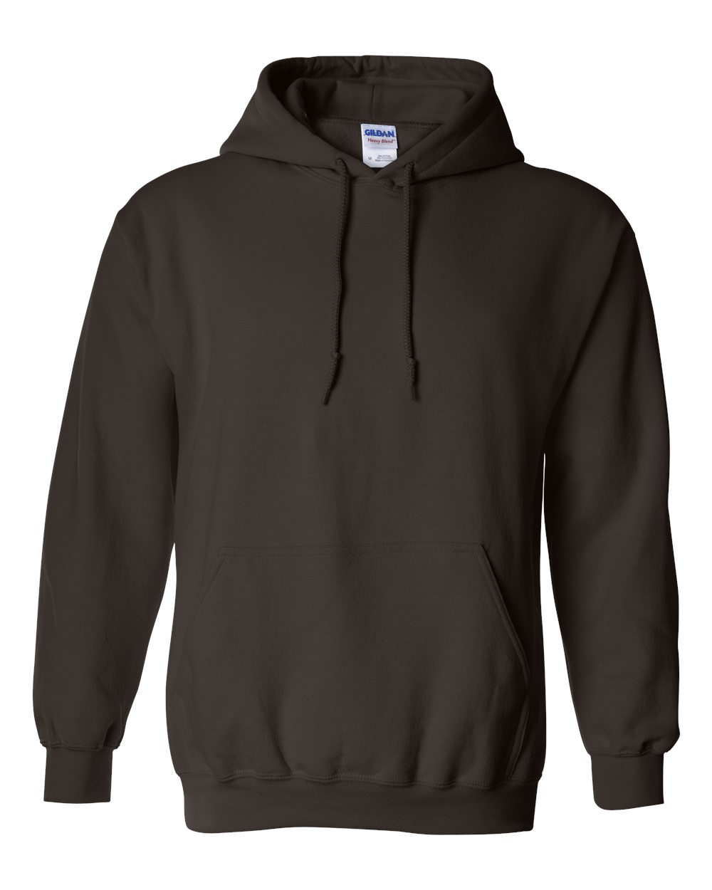 Dark brown hoodie with a Gildan label on a white background