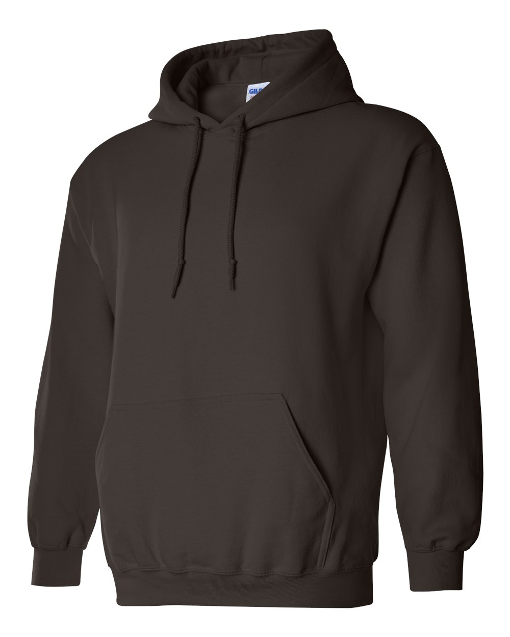 Brown hoodie with a visible Gildan label on a white background
