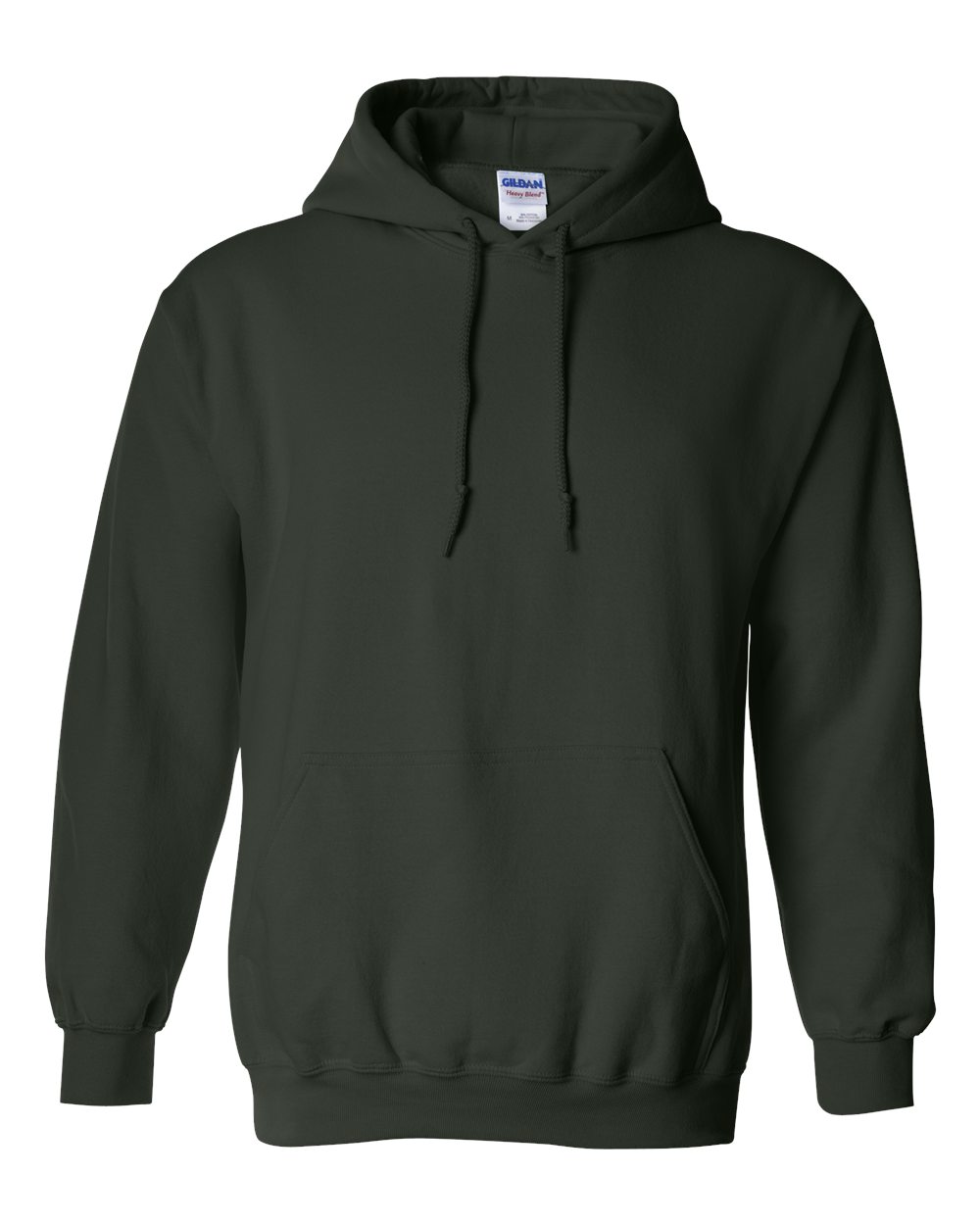 Black hoodie with a Gildan label on a white background