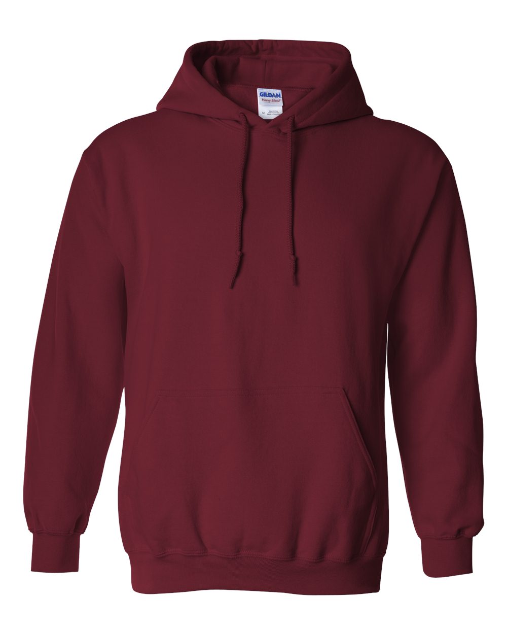 Maroon hoodie with a visible Gildan label on a white background
