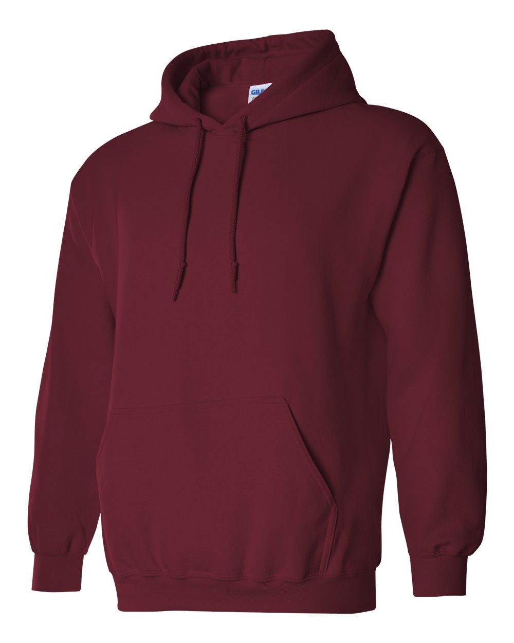 Maroon hoodie with a visible Gildan label on a white background