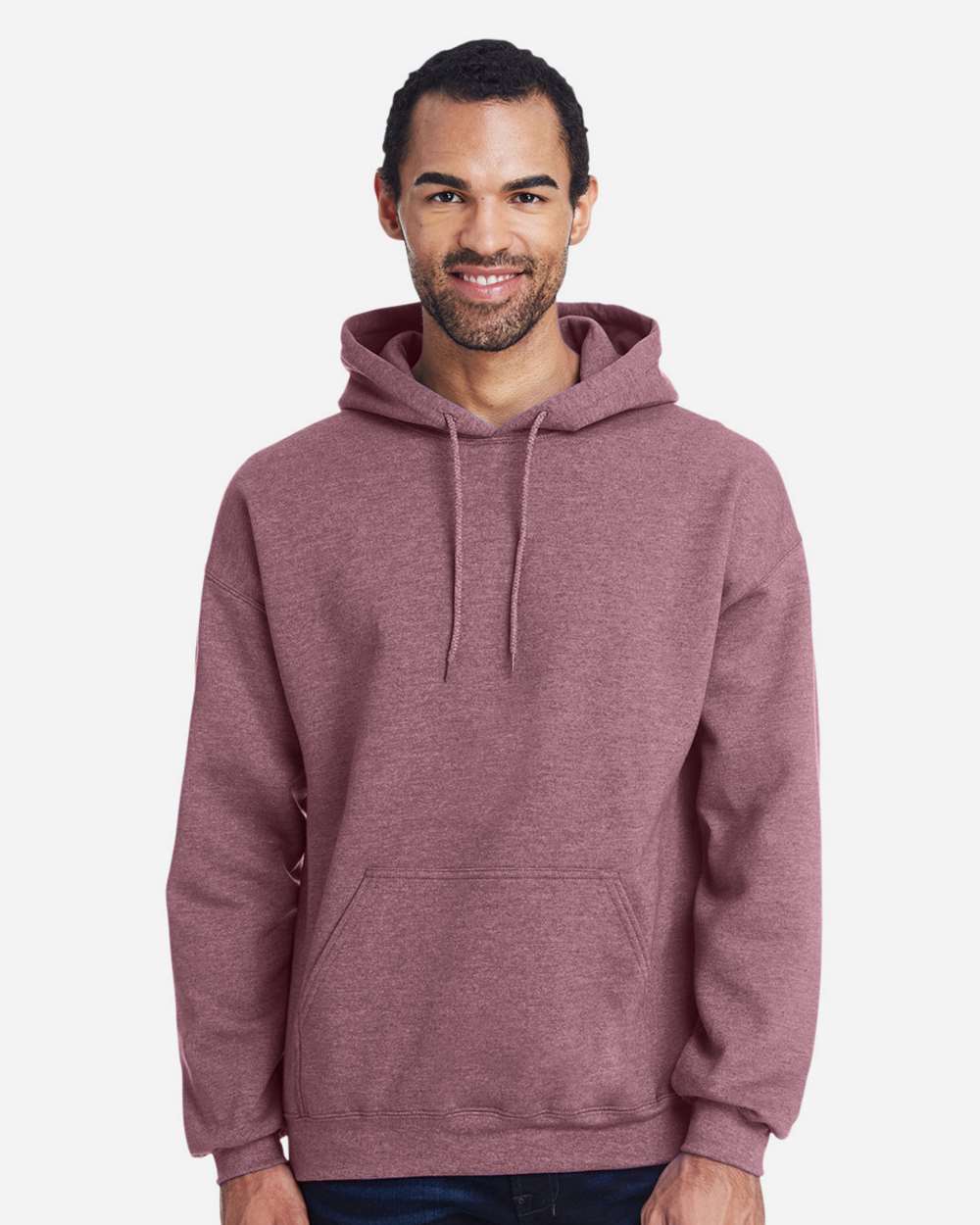 Man wearing a maroon hoodie on a white background