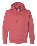 Red hoodie with a visible brand label on a white background