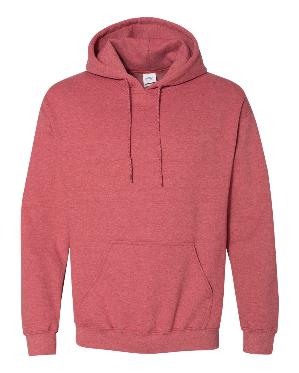Red hoodie with a visible brand label on a white background