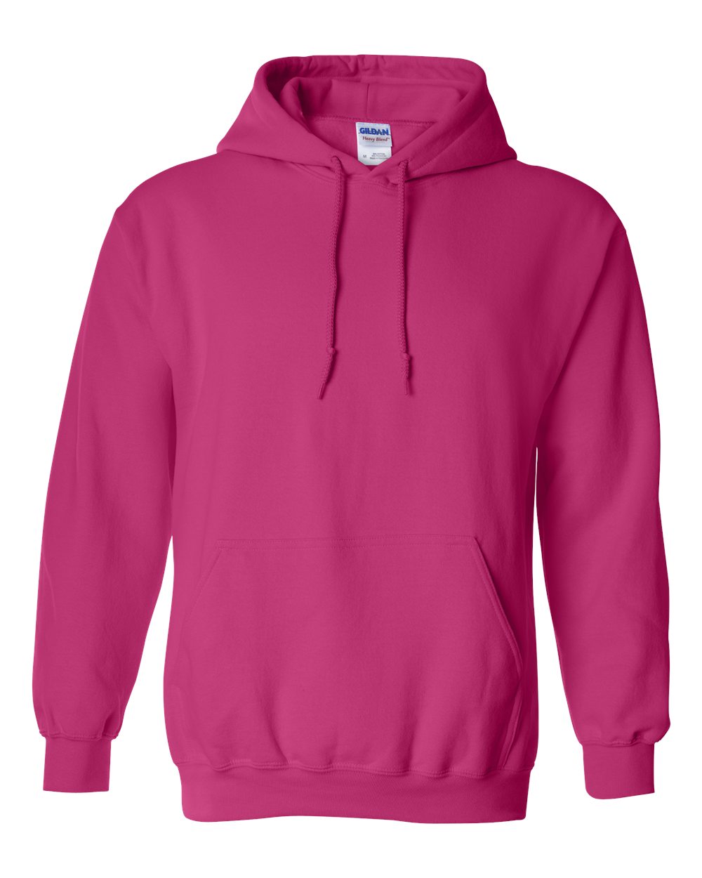 Pink hoodie with a Gildan label on a white background