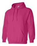Pink hoodie with a visible Gildan label on a white background
