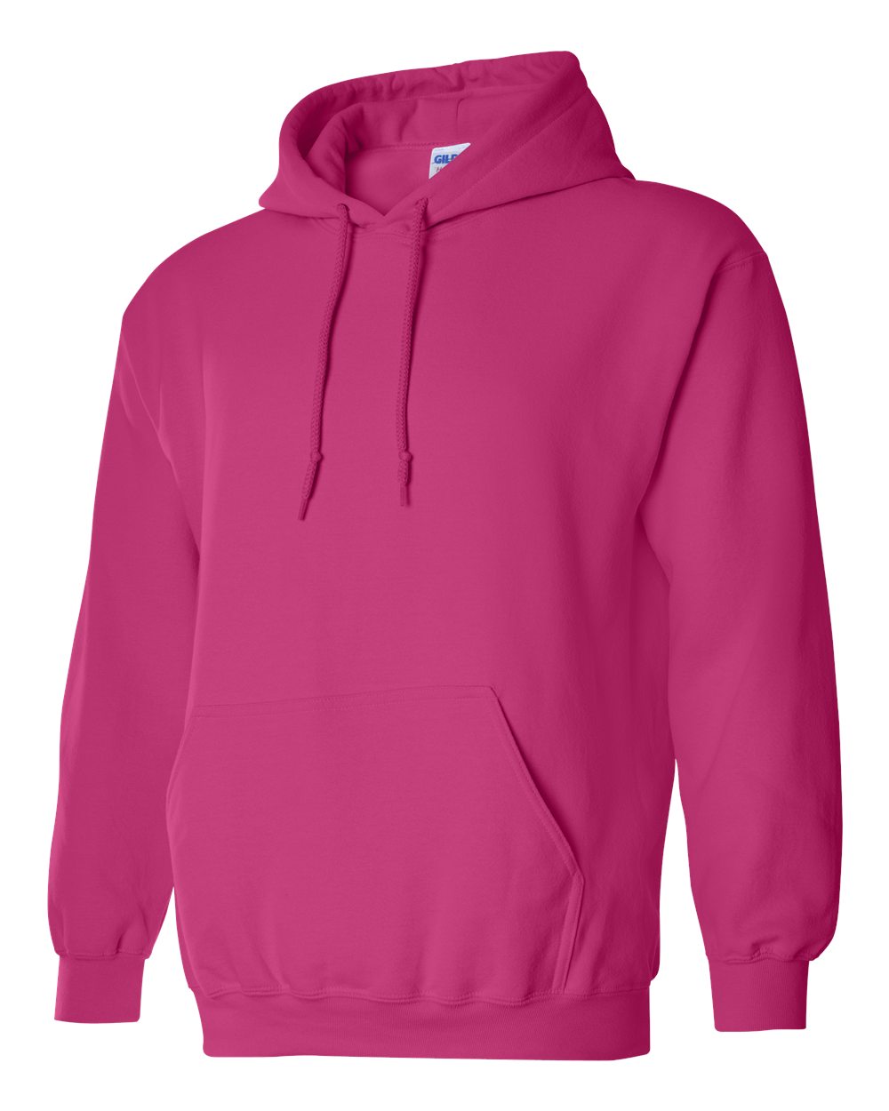 Pink hoodie with a visible Gildan label on a white background