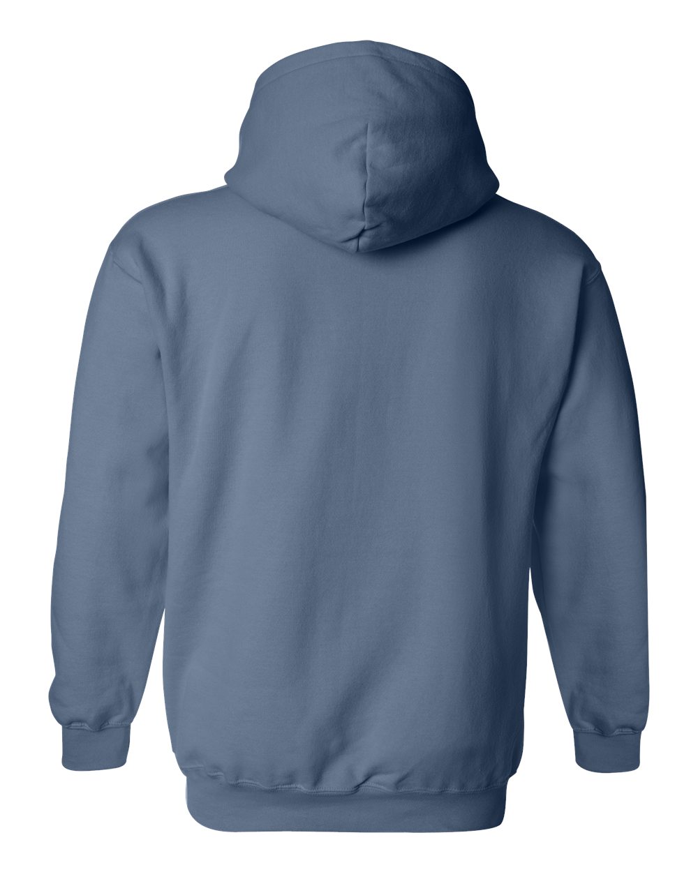 Blue hoodie shown from the back on a white background