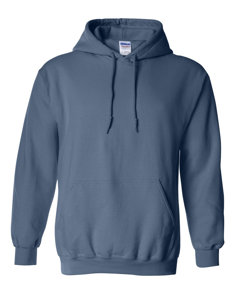 Blue hoodie with Gildan label on a white background