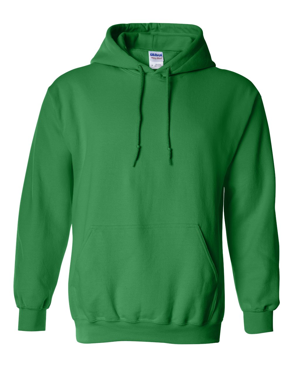 Green hoodie with a visible Gildan label on a white background