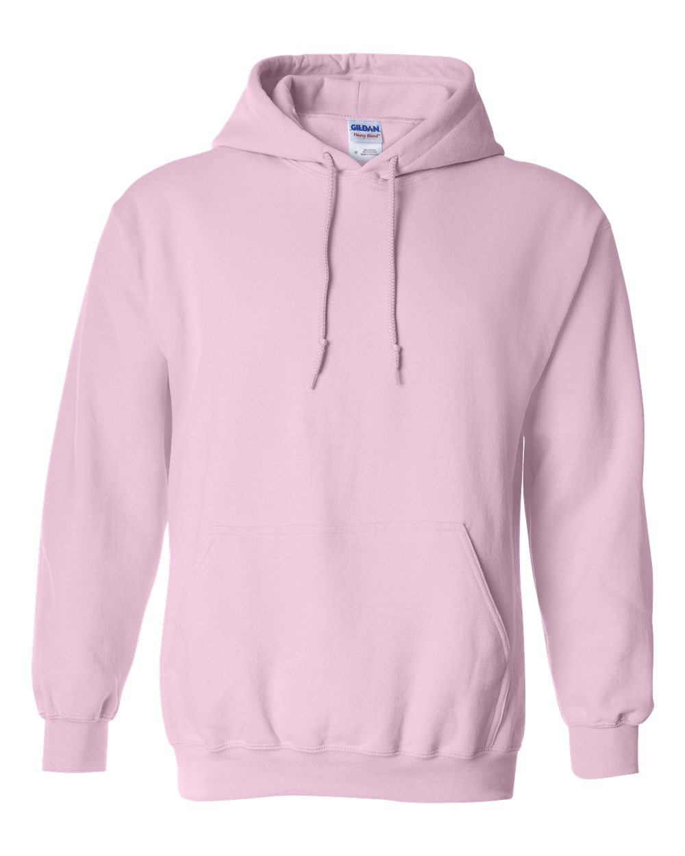 Pink hoodie with Gildan label on a white background
