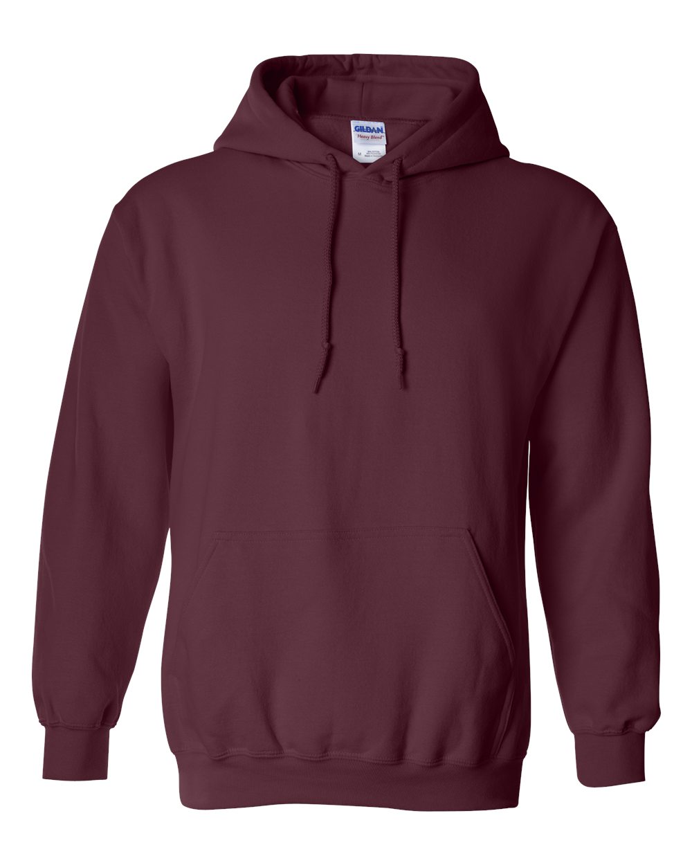 Maroon hoodie with a visible Gildan label on a white background