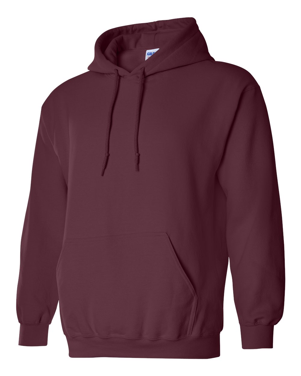 Maroon hoodie with a visible Gildan label on a white background
