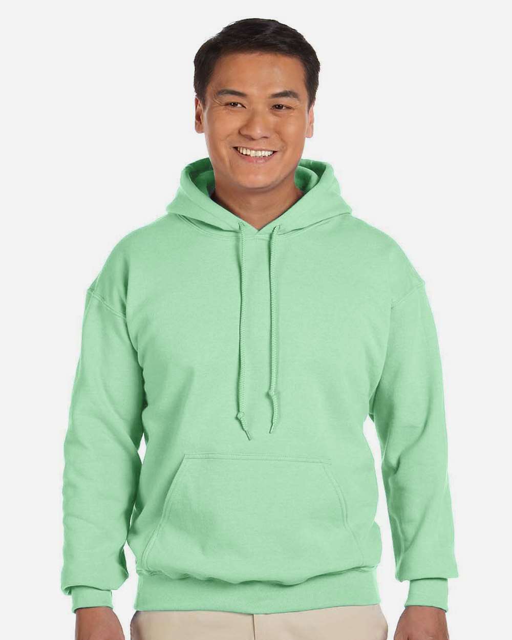 Man wearing a light green hoodie on a white background