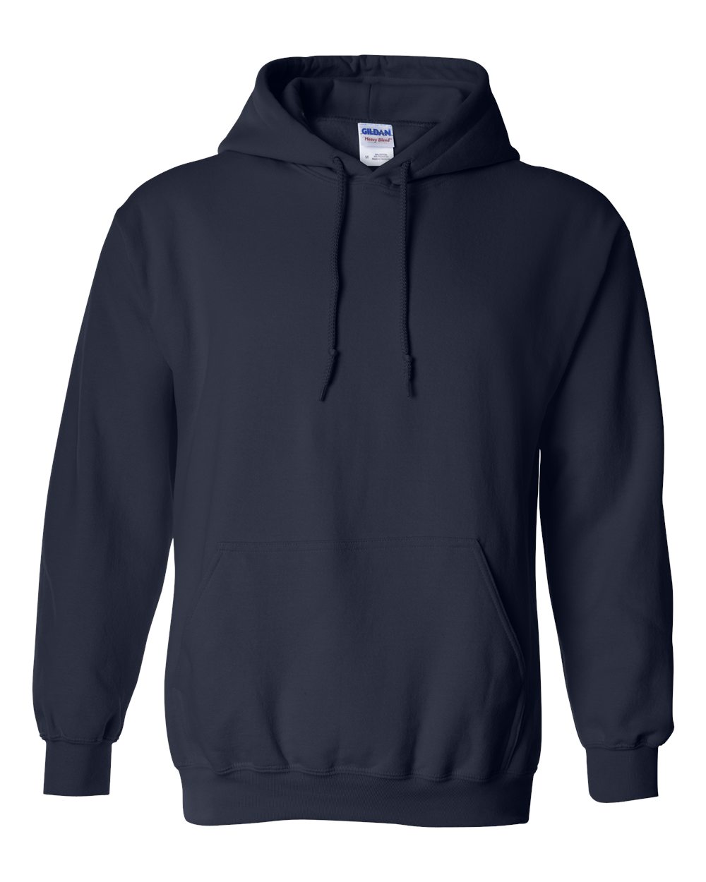 Navy blue hoodie with a Gildan label on a white background