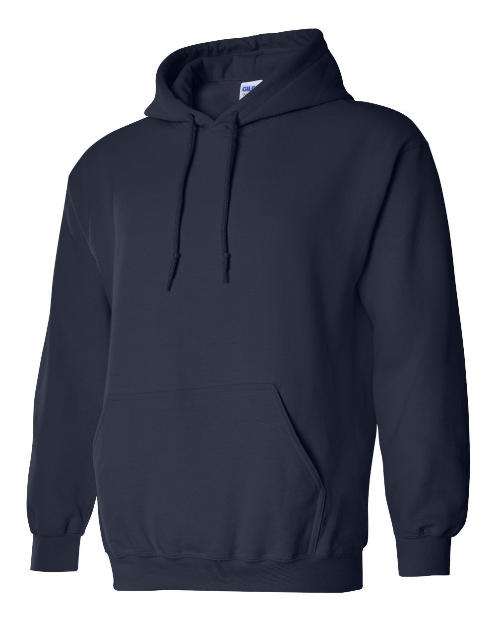 Navy blue hoodie with a visible Gildan label on a white background