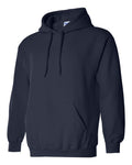 Navy blue hoodie with a visible Gildan label on a white background