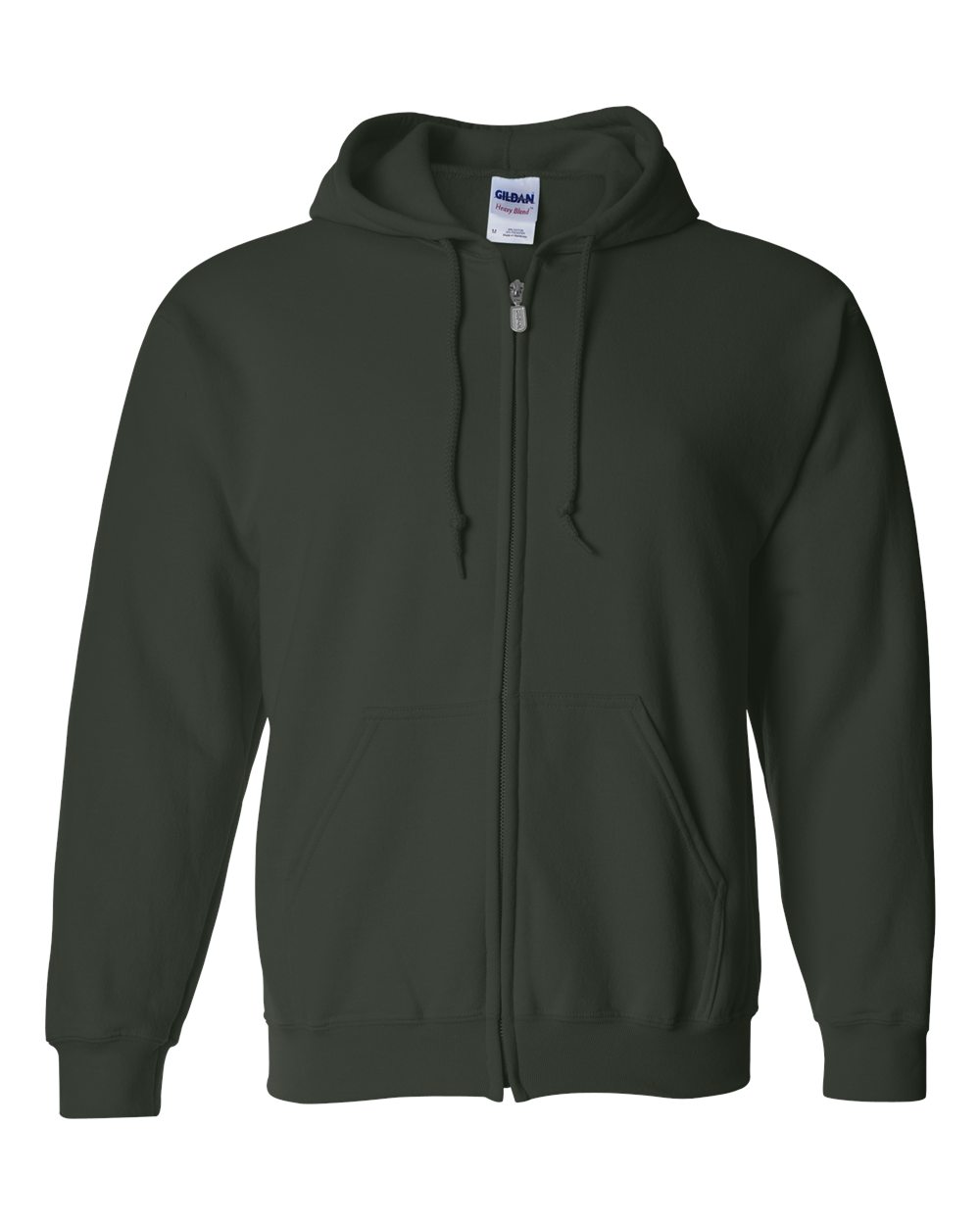 Forest green hoodie with a Gildan label on a white background