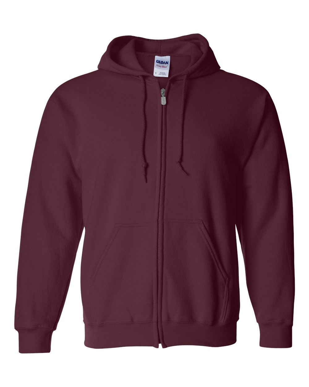 Maroon hoodie with a Gildan label on a white background