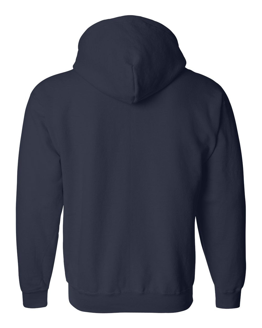 Navy blue hoodie shown from the back on a white background