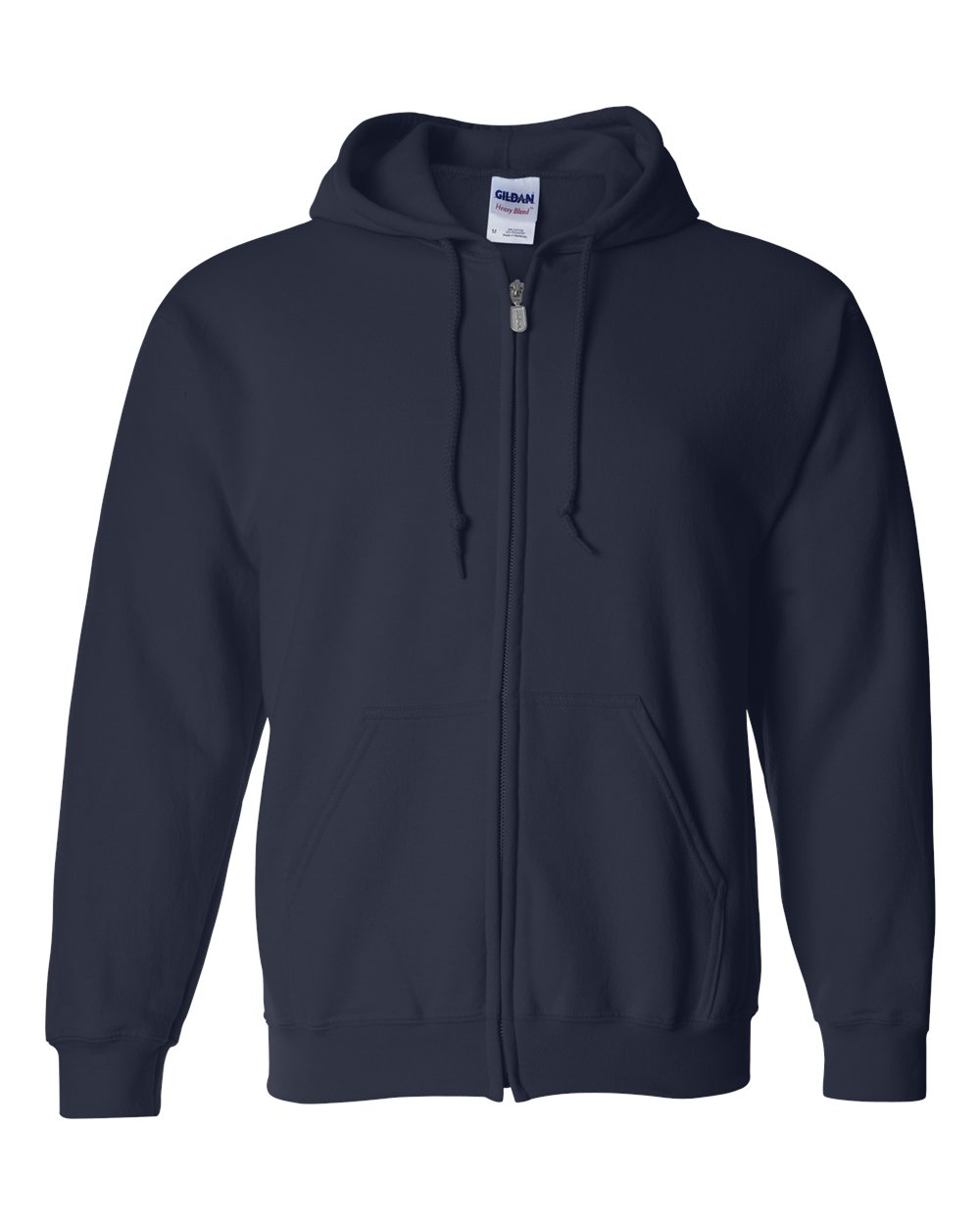 Navy blue hoodie with a Gildan label on a white background
