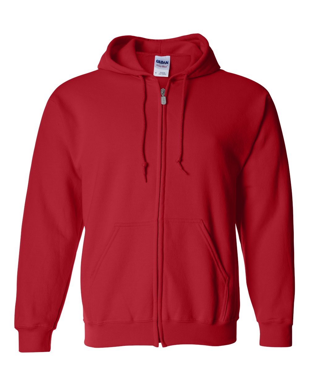 Red hoodie with a visible Gildan label on a white background