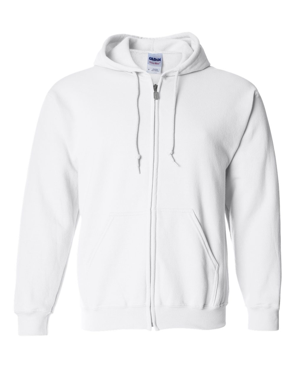 White hoodie with a visible Gildan label on a white background