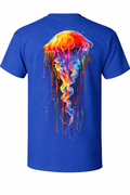 Blue t-shirt with a colorful jellyfish design on the back against a white background