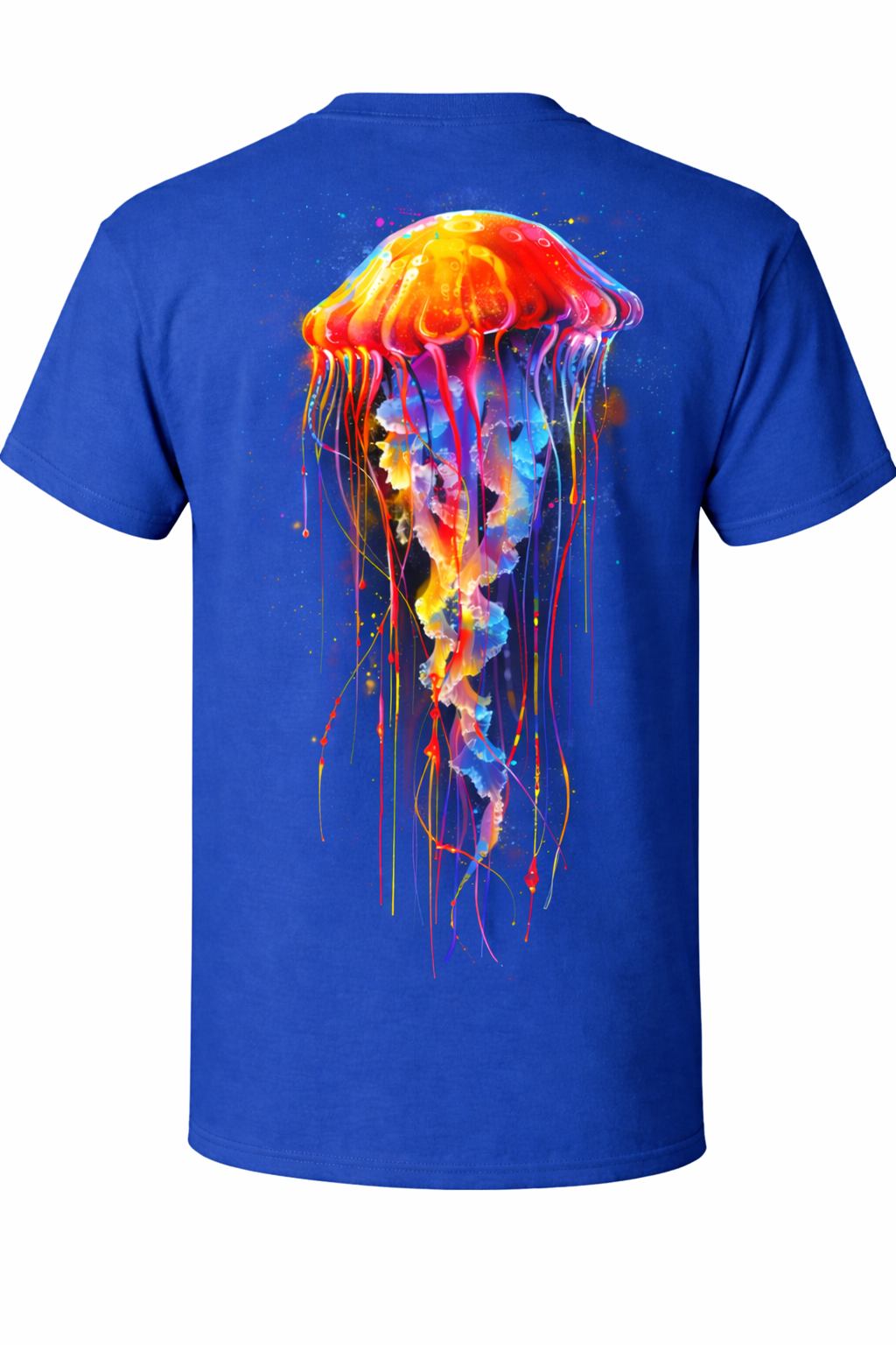 Blue t-shirt with a colorful jellyfish design on the back against a white background