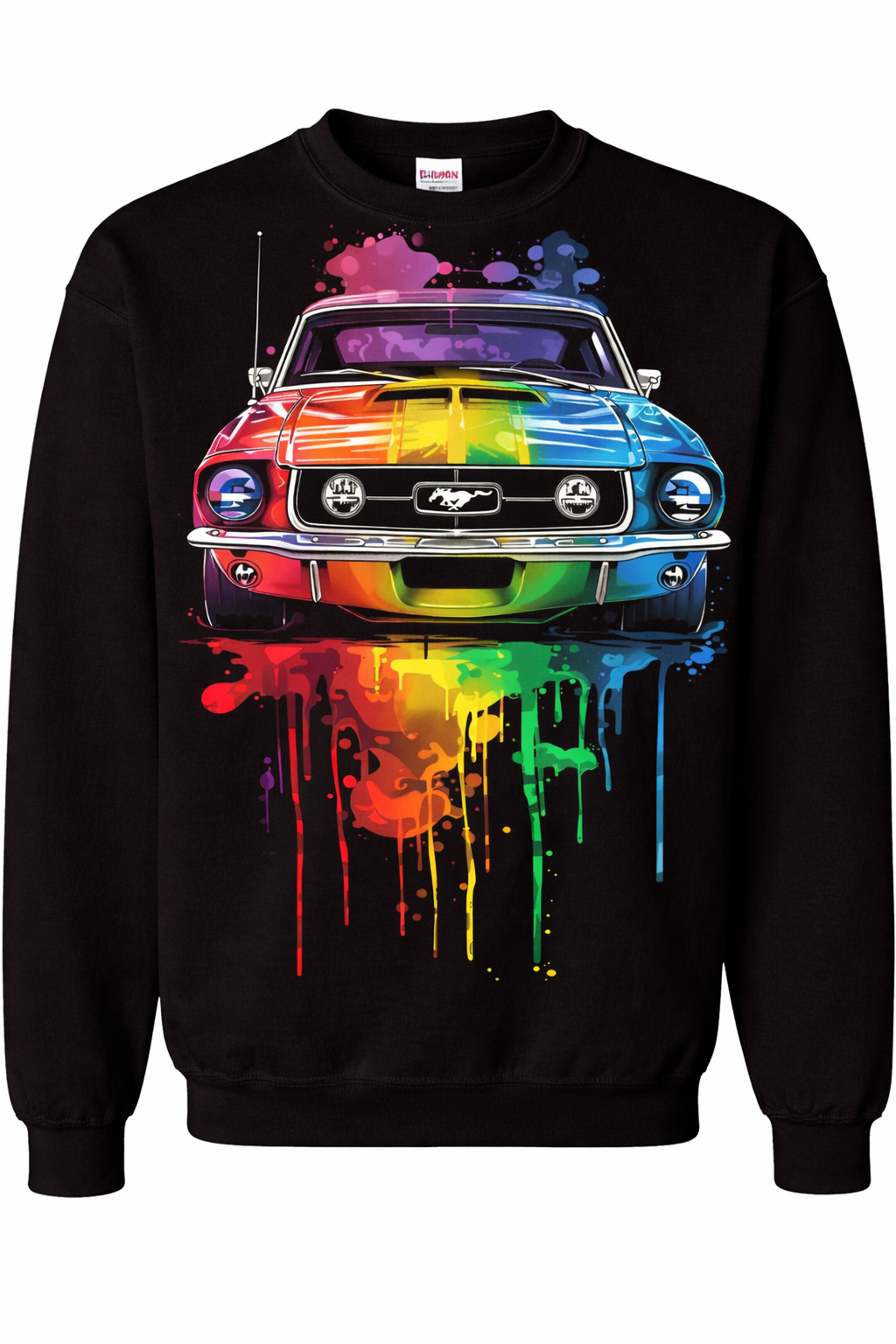 Black sweatshirt with a colorful car graphic on a white background