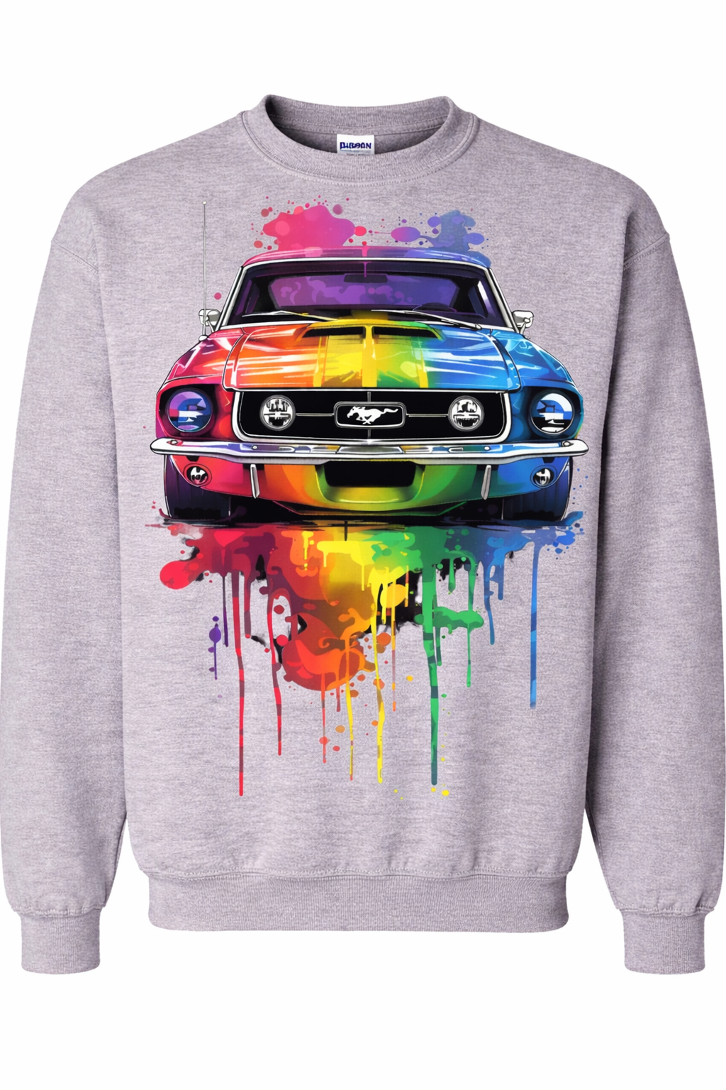 Gray sweatshirt with a colorful car design on a white background