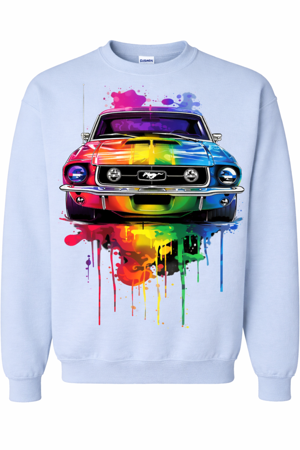 Light blue sweatshirt with a colorful car graphic on a white background