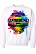 White sweatshirt with a colorful car graphic on a white background