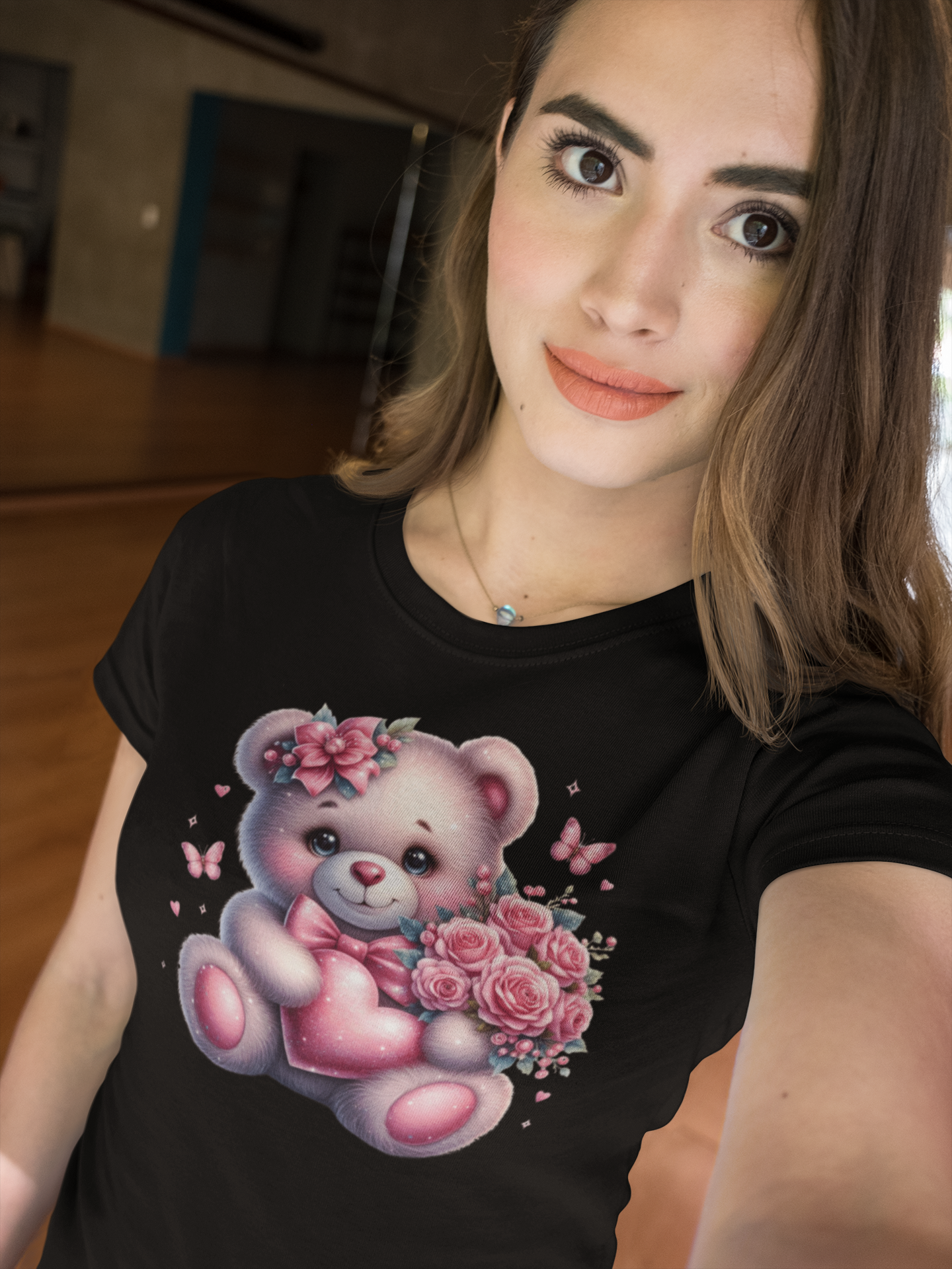 Teddy Bear with Flowers Black gildan 5000 Tee