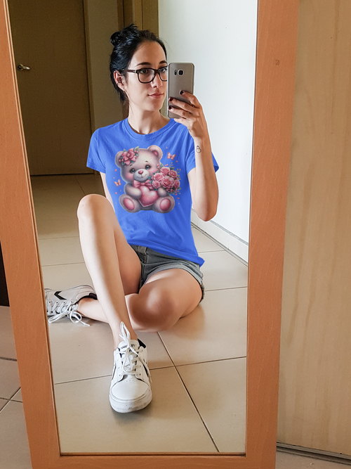 Teddy Bear with Flowers light blue gildan 5000 Tee