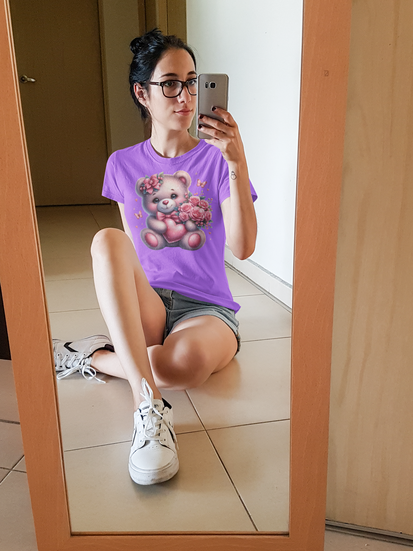 Teddy Bear with Flowers Light purple gildan 5000 Tee