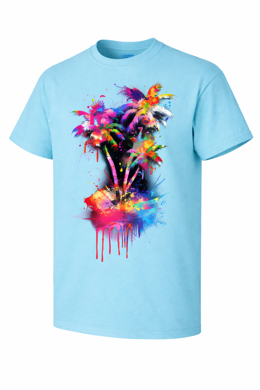 Light blue t-shirt with a colorful abstract design on a white background
