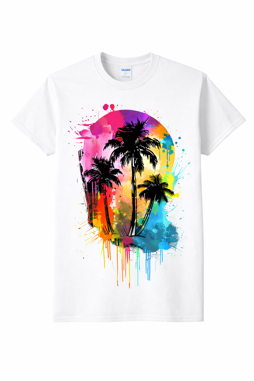 White t-shirt with colorful palm tree design on a white background