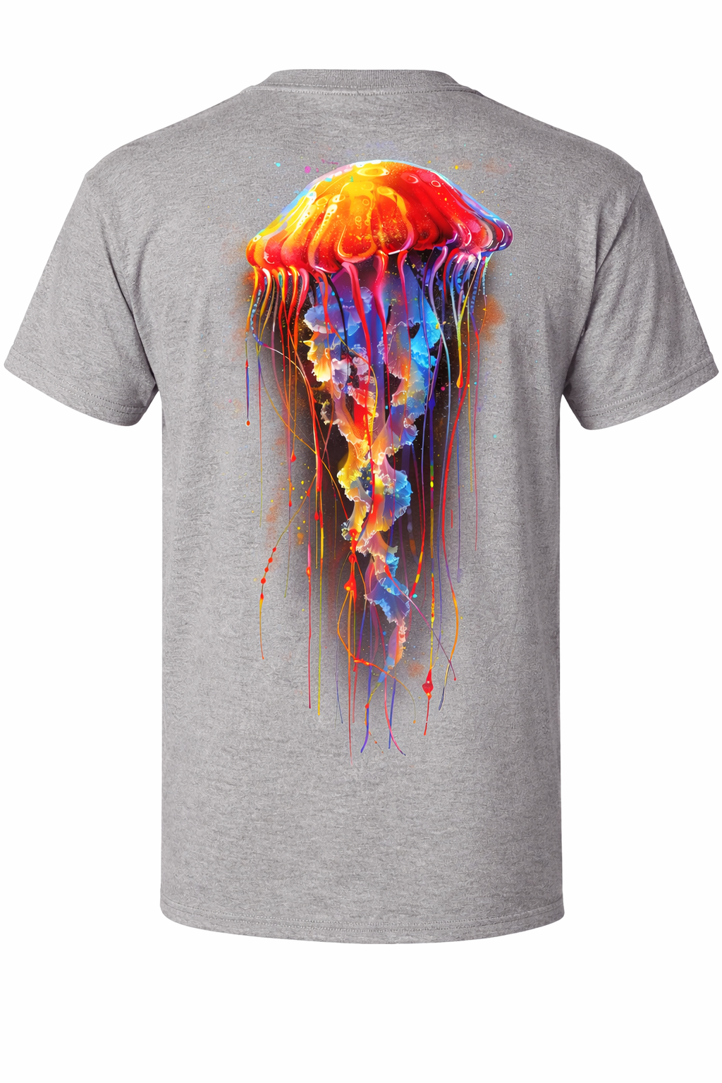 Gray t-shirt with a colorful jellyfish design on the back against a white background