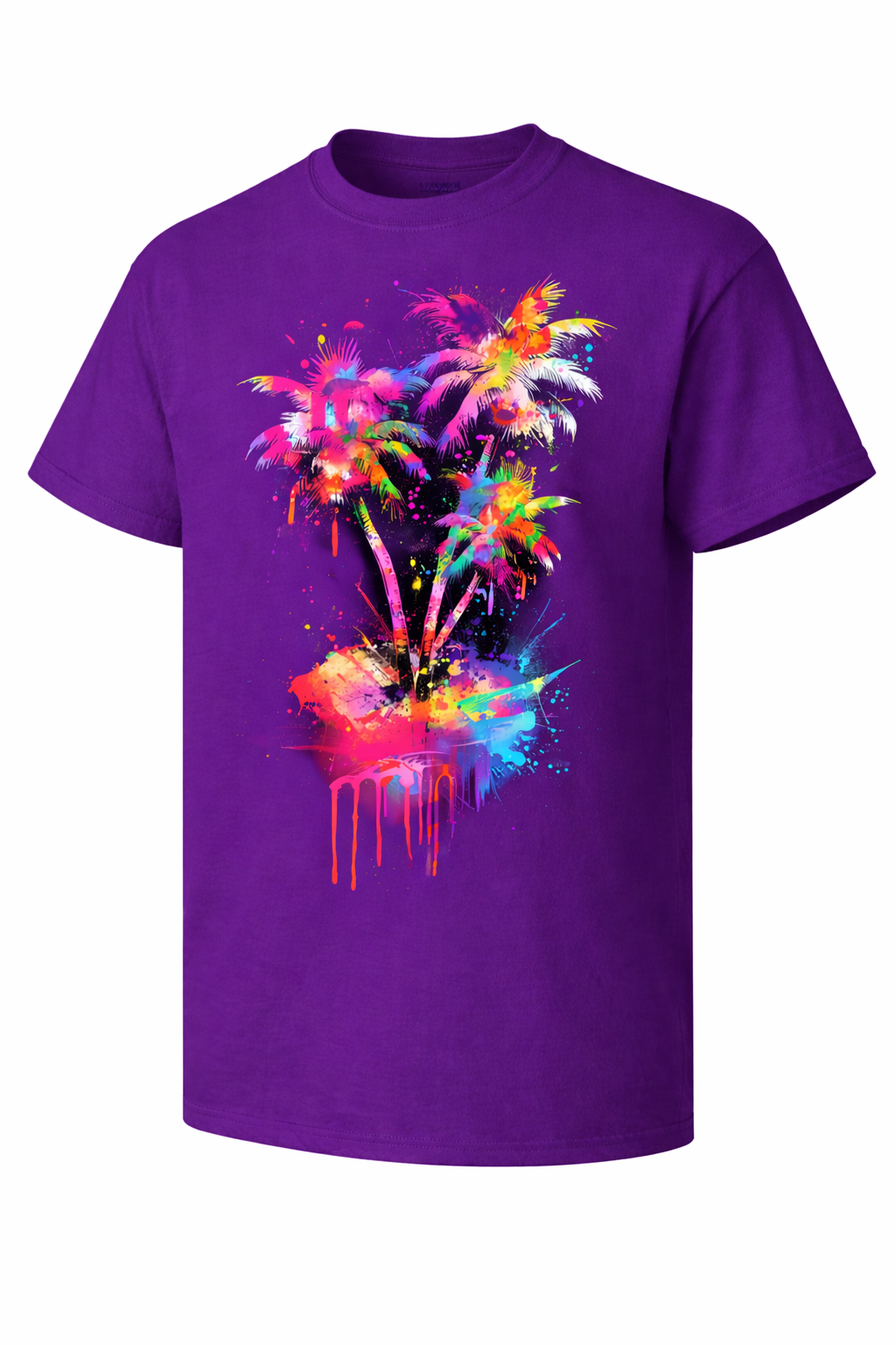 Purple t-shirt with colorful palm tree design on a white background