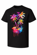 Black t-shirt with colorful palm tree design on a white background