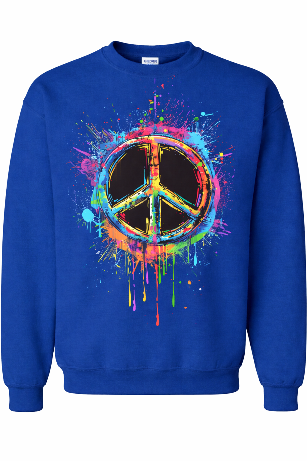 Blue sweatshirt with a colorful peace symbol design on a white background