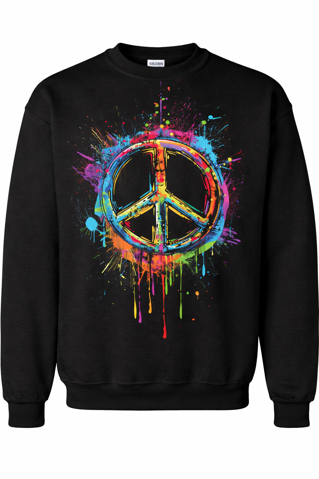 Black sweatshirt with a colorful peace symbol design on a white background