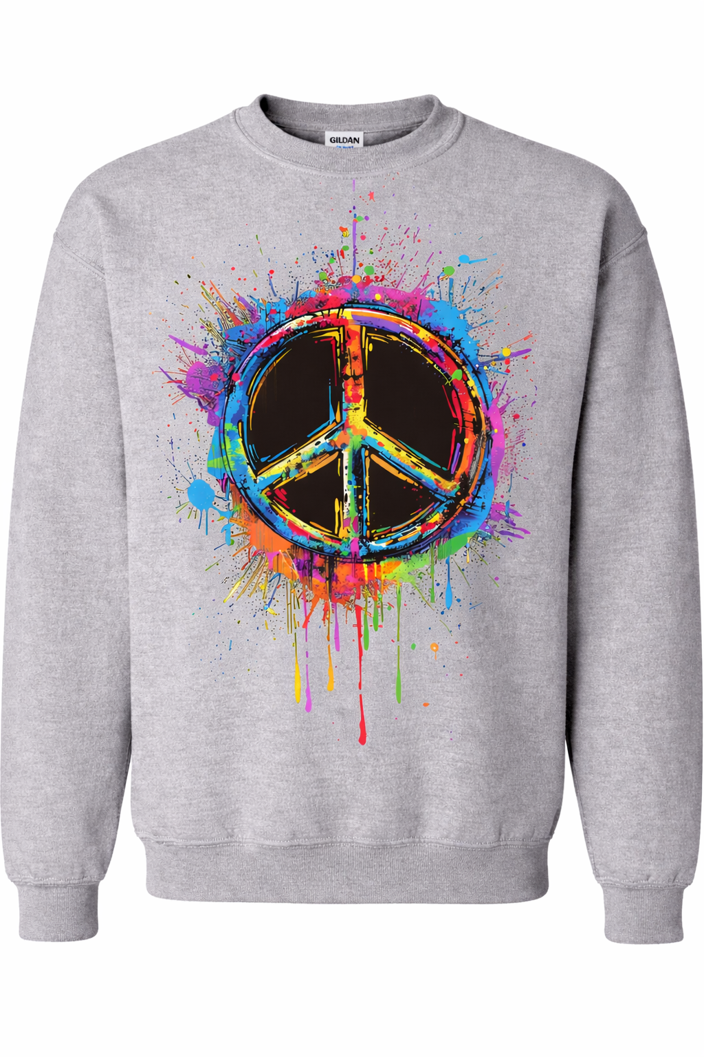 Gray sweatshirt with a colorful peace symbol design on a white background